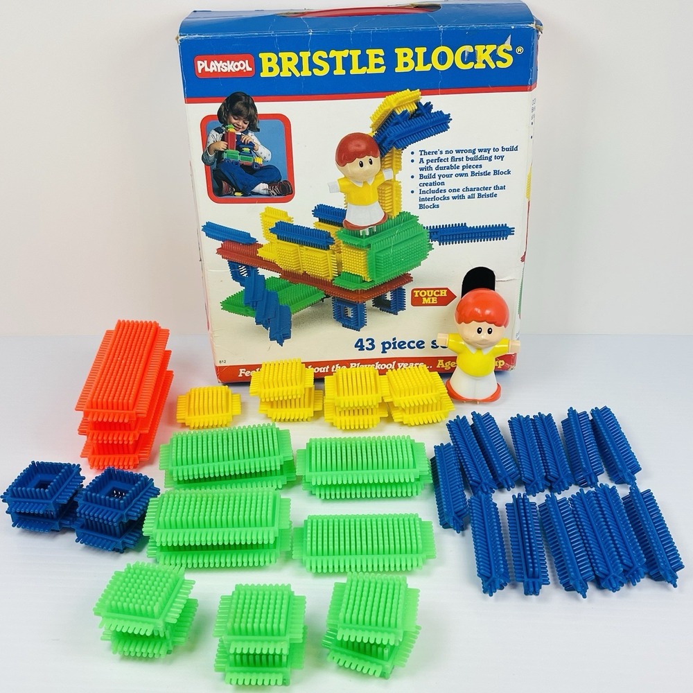 Vtg Playskool Bristle Blocks 41 Pieces 6 Shapes #812 1986 Original Box